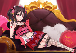 Rule 34 | 1girl, :p, artist name, artist request, bare legs, bare shoulders, black choker, black hair, blush, bow, breasts, choker, curled horns, demon girl, demon horns, demon tail, demon wings, elbow gloves, female focus, fishnet thighhighs, fishnets, flat chest, floral print, flower, gloves, grey wings, hair between eyes, hair bow, hair flower, hair ornament, hairclip, heart, heart tattoo, highres, horns, kure (otakami999), looking at viewer, love live!, love live! school idol festival, love live! school idol project, midriff, navel, pink flower, pink gloves, pink rose, pleated skirt, polka dot, polka dot bow, print skirt, purple flower, purple rose, red bow, red eyes, red flower, red rose, red skirt, rose, rose print, short hair, shoulder tattoo, sidelocks, skirt, small breasts, smile, solo, striped clothes, striped gloves, tail, tattoo, thighhighs, tiara, tongue, tongue out, twintails, vertical-striped clothes, vertical-striped gloves, wings, yazawa nico