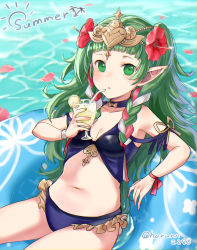 Rule 34 | 1girl, adapted costume, braid, cup, drinking straw, fire emblem, fire emblem: three houses, flower, glass, green eyes, green hair, hair flower, hair ornament, haru (nakajou-28), holding, holding cup, innertube, long hair, nintendo, parted lips, pointy ears, ribbon braid, solo, sothis (fire emblem), swim ring, swimsuit, twin braids, twitter username, water