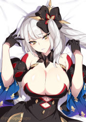 Rule 34 | 1girl, arm under breasts, bare shoulders, black dress, black flower, black gloves, black rose, breasts, cleavage, closed mouth, collar, collarbone, dark persona, dress, fate/grand order, fate (series), flower, gloves, highres, large breasts, leaning forward, long hair, looking at viewer, lying, marie antoinette (alter) (fate), marie antoinette (fate), metal collar, off-shoulder dress, off shoulder, on back, pale skin, petals, puuzaki puuna, rose, side ponytail, silver hair, solo, very long hair, yellow eyes