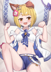 Rule 34 | 1girl, :d, animal ear fluff, animal ears, bare shoulders, bed sheet, belt, belt buckle, blonde hair, blue bow, blue shorts, bow, breasts, brown eyes, buckle, commentary request, dog ears, drawstring, fang, flower, granblue fantasy, hair flower, hair ornament, hands up, hat, highres, hood, hood down, hooded jacket, jacket, looking at viewer, lying, navel, off shoulder, on back, open clothes, open jacket, open mouth, pillow, purple flower, sailor collar, shirt, short hair, short shorts, shorts, sleeveless, sleeveless jacket, sleeveless shirt, small breasts, smile, solo, uneg, unworn hat, unworn headwear, vajra (granblue fantasy), vajra (summer) (granblue fantasy), white belt, white hat, white sailor collar, white shirt