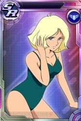 Rule 34 | 70s, blonde hair, bob cut, breasts, card, card (medium), gundam, hand in own hair, hand on head, looking at viewer, medium breasts, mobile suit gundam, official art, oldschool, one-piece swimsuit, retro artstyle, sayla mass, swimsuit