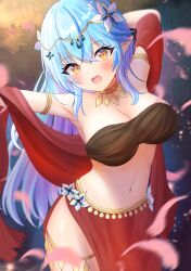 Rule 34 | 1girl, absurdres, alternate costume, arm behind head, armlet, bandeau, blue hair, breasts, circlet, cleavage, colored tips, contrapposto, crossed bangs, dancer, dancing, elf, flower, hair between eyes, hair flower, hair ornament, harem outfit, head wreath, highres, hololive, jewelry, large breasts, long hair, looking at viewer, midriff, motion blur, multicolored hair, navel, neck ring, onabe no shime, open mouth, pointy ears, red skirt, shawl, side slit, skirt, solo, stomach, streaked hair, teeth, thighlet, upper teeth only, very long hair, virtual youtuber, yellow eyes, yukihana lamy