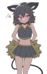 Rule 34 | 1girl, adapted costume, animal ear fluff, animal ears, blush, cheerleader, closed mouth, collarbone, feet out of frame, grey hair, grey skirt, hair between eyes, holding, holding pom poms, jewelry, midriff, mouse ears, mouse tail, navel, nazrin, pendant, pleated skirt, pom pom (cheerleading), pom poms, red eyes, short hair, simple background, skirt, solo, tail, touhou, white background, wool (miwol)