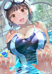 Rule 34 | 1girl, :d, absurdres, blush, breasts, brown eyes, cleavage, commentary request, competition swimsuit, embarrassed, fingernails, goggles, goggles on head, highres, large breasts, mole, mole under eye, ogata tei, one-piece swimsuit, open mouth, original, partially submerged, pool, pov, smile, swimsuit, upper body, water