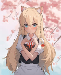 Rule 34 | 1girl, absurdres, animal ear fluff, animal ears, apron, blonde hair, blue eyes, blush, cat ears, chinese commentary, closed mouth, collared shirt, commentary request, facing viewer, heart, heart hands, highres, kemonomimi mode, kirisame marisa, kulomi, long hair, looking ahead, neck ribbon, puffy short sleeves, puffy sleeves, red ribbon, ribbon, shirt, short sleeves, solo, touhou, upper body, waist apron, white apron, white shirt