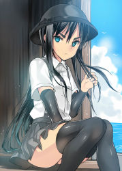 Rule 34 | 10s, 1girl, arm warmers, asashio (kancolle), bad id, bad pixiv id, beach, bird, black hair, black thighhighs, blue eyes, coin rand, day, hat, kantai collection, long hair, outdoors, pleated skirt, school uniform, seagull, sitting, skirt, solo, suspender skirt, suspenders, thighhighs, water