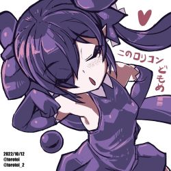 Rule 34 | 1girl, arm up, armpits, artist name, backbeako (torotei), backbeard, black dress, black gloves, black hair, black ribbon, blush, breasts, closed eyes, commentary request, dated, dress, elbow gloves, gegege no kitarou, gloves, hair over one eye, hand on own hip, head tilt, heart, kono lolicon domome, long hair, open mouth, original, pointy ears, ribbon, simple background, sleeveless, sleeveless dress, small breasts, solo, torotei, twintails, twitter username, upper body, white background