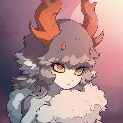 Rule 34 | 1girl, antlers, bright pupils, closed mouth, colored inner hair, colored sclera, colored skin, colored tips, commentary, cyany, english commentary, fur collar, gradient background, grey hair, grey skin, horns, imuthar (cyany), long hair, looking at viewer, monster girl, multicolored hair, multiple horns, orange eyes, orange horns, original, pink background, portrait, purple background, solo, white skin, yellow sclera