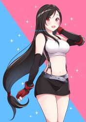 Rule 34 | 1girl, bare shoulders, belt, black hair, black skirt, black sleeves, blue background, blush, breasts, commentary request, cowboy shot, crop top, detached sleeves, elbow gloves, elbow pads, final fantasy, final fantasy vii, fingerless gloves, gloves, grey belt, hand up, highres, large breasts, long hair, looking at viewer, low-tied long hair, midriff, miniskirt, nalu, navel, open mouth, pink background, red eyes, red gloves, single elbow pad, single sidelock, skirt, smile, solo, sparkle, suspender skirt, suspenders, swept bangs, tank top, teeth, tifa lockhart, twitter username, two-tone background, upper teeth only, very long hair, white tank top