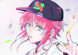 Rule 34 | 1boy, absurdres, amemura ramuda, black hat, black nails, blue eyes, blue hair, cigarette, green eyes, green nails, hat, hat ornament, highres, hypnosis mic, light blue hair, looking at viewer, male focus, medium hair, multicolored eyes, multicolored hair, nail polish, pink eyes, pink hair, pointing, ritsuno ananda, shirt, simple background, smoking, solo, white background, white shirt