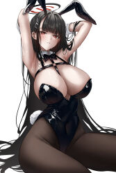 Rule 34 | 1girl, absurdres, animal ear hairband, animal ears, armpits, arms up, at congju, between breasts, black bow, black bowtie, black hair, black leotard, black pantyhose, blue archive, blush, bow, bowtie, breasts, commentary, covered navel, duplicate, fake animal ears, fake tail, hairband, halo, highleg, highleg leotard, highres, huge breasts, leotard, long hair, looking at viewer, o-ring strap, pantyhose, presenting armpit, rabbit ear hairband, rabbit ears, rabbit tail, red eyes, rio (blue archive), simple background, sitting, solo, strap between breasts, sweat, tail, very long hair, white background, wrist cuffs