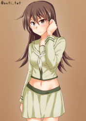 Rule 34 | 1girl, anti (untea9), brown background, brown eyes, brown hair, commentary request, cowboy shot, frown, gradient background, highres, kantai collection, long hair, looking at viewer, midriff, navel, neckerchief, ooi (kancolle), pleated skirt, sailor collar, school uniform, serafuku, skirt, solo, standing, yellow sailor collar, yellow serafuku, yellow skirt