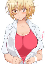 Rule 34 | 1girl, :&lt;, baby steps, bad id, bad pixiv id, blonde hair, blush, breasts, brown eyes, cleavage, female focus, large breasts, looking at viewer, short hair, simple background, solo, special g (spg), takasaki natsu, undressing, white background, wristband