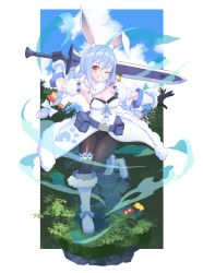Rule 34 | 1girl, animal ear fluff, animal ears, aroha j, belt, black gloves, black pantyhose, blue hair, blue sky, blush, boots, bow, braid, breasts, bridal garter, carrot, carrot hair ornament, cloud, coat, don-chan (usada pekora), food-themed hair ornament, full body, fur-trimmed boots, fur-trimmed gloves, fur scarf, fur trim, gloves, grin, hair bow, hair ornament, highres, holding, holding sword, holding weapon, hololive, long braid, long hair, looking at viewer, multicolored hair, one eye closed, outdoors, pantyhose, pouch, rabbit-shaped pupils, rabbit ears, scarf, sky, small breasts, smile, solo, sword, symbol-shaped pupils, thick eyebrows, twin braids, two-tone hair, usada pekora, usada pekora (1st costume), virtual youtuber, weapon, white bow, white coat, white footwear, white hair