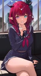 Rule 34 | 1girl, ass, black shirt, black skirt, blue eyes, braid, collarbone, crossed legs, double halo, elazu, halo, heterochromia, highres, hololive, hololive english, horns, indoors, irys (gaming casual) (hololive), irys (hololive), long hair, multicolored hair, official alternate costume, pleated skirt, pointy ears, purple eyes, purple hair, red hair, shirt, sitting, skirt, smile, solo, star halo, streaked hair, thighs, twin braids, two-tone hair, unworn neckerchief, virtual youtuber