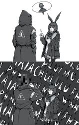 Rule 34 | 1girl, 1other, 2koma, ambiguous gender, amiya (arknights), animal ears, arknights, black coat, black jacket, censored, chinese text, coat, comic, commentary, doctor (arknights), english commentary, fallenspherell, greyscale, hand in pocket, highres, hood, hood down, hood up, hooded coat, hooded jacket, jacket, jewelry, long hair, long sleeves, monochrome, mosaic censoring, multiple rings, open clothes, open jacket, pantyhose, pointing, rabbit ears, rabbit girl, rhodes island logo (arknights), ring, shirt, skirt, speech bubble, white shirt
