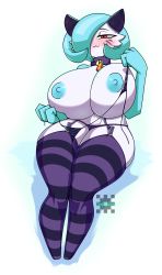 Rule 34 | 1girl, :3, absurdres, alternate color, animal ears, bikini, blue background, blue eyes, blue nipples, blush, breasts, cat ears, choker, closed mouth, colored nipples, creatures (company), curvy, full body, game freak, gardevoir, garter straps, gen 3 pokemon, gradient background, hair between eyes, half-closed eyes, highres, huge breasts, joeydrawss, legs, looking at viewer, naughty face, nintendo, nipples, pokemon, pokemon (creature), purple bikini, purple thighhighs, red eyes, shiny pokemon, short hair, sitting, slit pupils, smile, solo, striped clothes, striped thighhighs, swimsuit, thick thighs, thighhighs, thighs, topless, undressing, white background