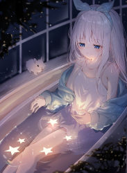 Rule 34 | 1girl, absurdres, bathing, bathtub, blue jacket, bow, closed mouth, collarbone, commentary, english commentary, glowing, hair bow, highres, jacket, long hair, night, nightgown, original, partially submerged, rabbit, sidelocks, sitting, smile, solo, sparkle, star (sky), sunnyhsiung, water, white hair