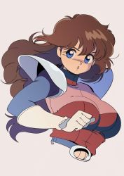 Rule 34 | 1girl, absurdres, artist request, belt, blue eyes, blush, breasts, brown hair, cropped torso, edoya inuhachi, gloves, highres, kanda momo, large breasts, long hair, looking at viewer, open mouth, portrait, shoulder pads, signature, solo, upper body, wonder momo