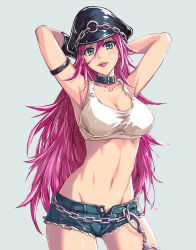 Rule 34 | 1girl, absurdres, arm strap, armpits, arms up, bad id, bad pixiv id, blue eyes, blue shorts, breasts, chain, cleavage, closed mouth, collar, cowboy shot, cuffs, cutoffs, denim, denim shorts, final fight, fish.boy, grey background, hair between eyes, handcuffs, hat, highres, large breasts, legs apart, lips, lipstick, makeup, navel, open fly, peaked cap, pink hair, pink lips, poison (final fight), short shorts, shorts, solo, tank top