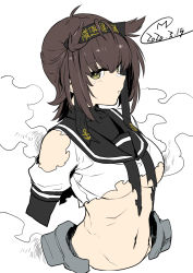 Rule 34 | 1girl, anchor symbol, black bodysuit, black headband, black sailor collar, bodysuit, breasts, brown hair, closed mouth, cropped torso, dated, hachimaki, hair flaps, happa (cloverppd), hatsuzuki (kancolle), headband, kantai collection, looking at viewer, medium breasts, midriff, sailor collar, signature, simple background, smoke, solo, torn clothes, underboob, upper body, white background, yellow eyes
