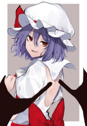 Rule 34 | 1girl, absurdres, back cutout, bat wings, blue hair, border, clothing cutout, commentary request, cup, dress, fang, fingernails, from behind, grey background, hair between eyes, hat, hat ribbon, head tilt, highres, hisha (kan moko), holding, holding cup, looking at viewer, looking back, mob cap, nail polish, outside border, parted lips, puffy short sleeves, puffy sleeves, red eyes, red nails, red ribbon, red sash, remilia scarlet, ribbon, sash, sharp fingernails, short hair, short sleeves, simple background, smile, solo, teacup, touhou, upper body, v-shaped eyebrows, white border, white dress, white hat, wings