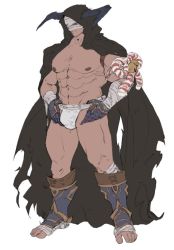 Rule 34 | 1boy, abs, bandaged arm, bandaged foot, bandaged head, bandages, bara, bare pectorals, brown cloak, bulge, cloak, commentary request, dark-skinned male, dark skin, draph, full body, fundoshi, gauntlets, granblue fantasy, hand under clothes, hood, hooded cloak, huan shi tian tong, japanese clothes, large pectorals, looking at viewer, male focus, male underwear, male underwear pull, muscular, muscular male, navel, nipples, pectorals, pulled by self, revealing clothes, solo, stomach, thick thighs, thighs, torn cloak, torn clothes, underwear, vaseraga, white male underwear