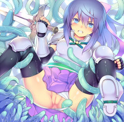 Rule 34 | 1girl, anus, armor, black thighhighs, blue eyes, blue hair, blush, boobplate, breastplate, clenched teeth, clothing aside, female focus, fingerless gloves, fireflysnow, gloves, hair between eyes, hair ribbon, imminent rape, knight (ragnarok online), lord knight (ragnarok online), matching hair/eyes, panties, panties aside, pussy, ragnarok online, ribbon, skirt, solo, spica parfait, spread legs, strong stars story, sword, teeth, tentacles, thighhighs, uncensored, underwear, upskirt, weapon, white panties