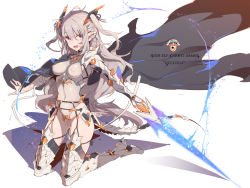 Rule 34 | 1girl, :d, armor, breasts, cape, covered erect nipples, covered navel, earrings, elf, gauntlets, greaves, grey hair, holding, holding sword, holding weapon, jewelry, kneeling, leotard, long hair, looking at viewer, navel, necklace, open mouth, original, pointy ears, purple eyes, revealing clothes, smile, sword, tajima ryuushi, two side up, weapon
