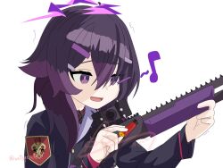 Rule 34 | ahoge, dress, fabarm sdass, fang, gun, hair ornament, hairclip, halo, haruka (blue archive), highres, musical note, problem solver 68 (blue archive), pump action, purple dress, purple eyes, purple hair, purple halo, red sailor collar, sailor collar, shotgun, shotgun shell, smile, weapon, wetspeaker