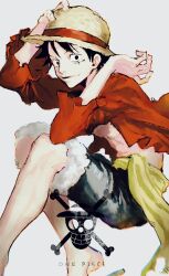 Rule 34 | 1boy, black hair, blue shorts, copyright name, hand on headwear, hat, highres, looking at viewer, male focus, monkey d. luffy, one piece, open clothes, open shirt, red shirt, runa 3152, sandals, sash, scar, scar on face, shirt, short hair, shorts, simple background, sitting, smile, solo, straw hat, white background, yellow sash
