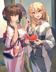 Rule 34 | 3girls, alternate hairstyle, bite mark, blonde hair, blue eyes, breasts, brown hair, cherry blossoms, choker, closed mouth, fairy (kancolle), flower, food, fruit, grey kimono, hair bun, hair flower, hair ornament, hair over shoulder, hand fan, heart, heart-shaped pupils, highres, himeyamato, holding, holding fan, iowa (kancolle), japanese clothes, kantai collection, kimono, large breasts, long hair, mini person, minigirl, multiple girls, obi, open mouth, paper fan, pink kimono, sash, size difference, smile, standing, star-shaped pupils, star (symbol), symbol-shaped pupils, uchiwa, watermelon, watermelon slice, yamato (kancolle), yukata