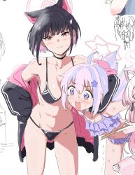 Rule 34 | 2girls, ahoge, animal ears, bare shoulders, bikini, black bikini, black hair, black jacket, blue archive, blue hair, blush, breasts, cat ears, choker, clearite, cleavage, collarbone, colored inner hair, extra ears, hair ornament, hairclip, halo, jacket, kazusa (blue archive), light blue hair, long hair, long sleeves, looking at viewer, medium breasts, multicolored hair, multiple girls, navel, off shoulder, open clothes, open jacket, open mouth, pink hair, purple bikini, purple eyes, red eyes, reisa (blue archive), short hair, sketch, smile, swimsuit, thighs
