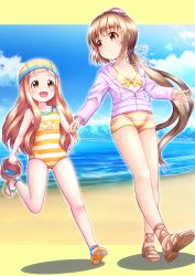 Rule 34 | 2girls, :d, bare arms, bare legs, bare shoulders, beach, bikini, blue sky, blush, bow, brown footwear, brown hair, bucket, casual one-piece swimsuit, closed mouth, cloud, collarbone, commentary request, day, dutch angle, eye contact, front-tie bikini top, front-tie top, hair bow, hair ribbon, highres, holding, holding bucket, hood, hood down, hoodie, ichihara nina, idolmaster, idolmaster cinderella girls, long hair, long sleeves, looking at another, looking back, low ponytail, multiple girls, ocean, one-piece swimsuit, open clothes, open hoodie, open mouth, outdoors, partially unzipped, pink bow, pink hoodie, ponytail, regular mow, ribbon, sand, sandals, sky, smile, striped bikini, striped clothes, striped one-piece swimsuit, swim cap, swimsuit, toenails, very long hair, water, white ribbon, yorita yoshino