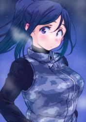 Rule 34 | 1girl, ahoge, ayumu-k, blue hair, blue shirt, blue vest, blush, breath, camouflage, commentary request, expressionless, hair between eyes, highres, long hair, long sleeves, looking at viewer, love live!, love live! school idol festival, love live! sunshine!!, matsuura kanan, ponytail, purple eyes, shirt, sidelocks, snowing, solo, upper body, vest