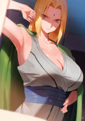Rule 34 | 1girl, absurdres, blonde hair, blush, breasts, cleavage, collarbone, commentary, dated commentary, facial mark, forehead, forehead mark, highres, japanese clothes, kimono, large breasts, naruto (series), rororo, shirt, sleeveless, sleeveless kimono, solo, tsunade (naruto)