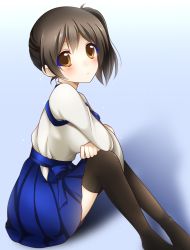 Rule 34 | 10s, 1girl, :&lt;, black hair, blue skirt, brown eyes, camomile hus, camomilehus, commentary, female focus, highres, japanese clothes, kaga (kancolle), kantai collection, looking at viewer, pleated skirt, short hair, side ponytail, skirt, solo, tasuki, thighhighs