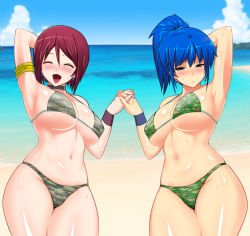 Rule 34 | 2girls, arm behind head, arm up, armpits, arms up, beach, bikini, blue hair, blush, breasts, brown hair, camouflage, choker, cleavage, day, earrings, closed eyes, holding hands, interlocked fingers, jewelry, large breasts, leona heidern, multiple girls, okyou, open mouth, ponytail, short hair, snk, sweat, swimsuit, the king of fighters, whip (kof)