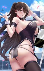 Rule 34 | 1girl, ass, azur lane, bare shoulders, black thighhighs, blue sky, blush, breasts, brown hair, highres, large breasts, long hair, looking at viewer, official alternate costume, one side up, piukute062, race queen, sky, solo, thighhighs, thighs, zuikaku (azur lane), zuikaku (the wind&#039;s true name) (azur lane)