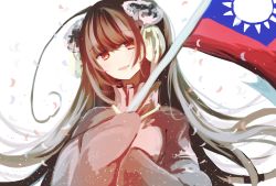 Rule 34 | 1girl, ahoge, axis powers hetalia, brown hair, china dress, chinese clothes, dress, flag, flower, hair flower, hair ornament, highres, holding, huge ahoge, light smile, long hair, long sleeves, meizipa, open mouth, petals, pink dress, pink eyes, republic of china flag, simple background, sleeves past wrists, solo, taiwan (hetalia), white background