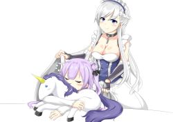 Rule 34 | 2girls, ahoge, ainna (kekai), azur lane, belfast (azur lane), blush, braid, breasts, chain, cleavage, collar, collarbone, commentary request, covering privates, covering with blanket, french braid, gauntlets, hair bun, highres, holding, large breasts, long hair, maid, maid headdress, multiple girls, one side up, purple eyes, purple hair, side bun, silver hair, simple background, single hair bun, single side bun, sleeping, smile, stuffed animal, stuffed pegasus, stuffed toy, stuffed unicorn, stuffed winged unicorn, under covers, unicorn (azur lane)