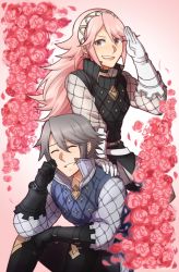 Rule 34 | 1boy, 1girl, craneace, earrings, closed eyes, father and daughter, fire emblem, fire emblem fates, flower, gloves, grey hair, hairband, jewelry, laslow (fire emblem), long hair, nintendo, open mouth, pink hair, purple eyes, rose, sitting, soleil (fire emblem), teeth