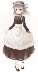 Rule 34 | 10s, 1girl, absurdres, alternate costume, apron, black dress, blush, brown eyes, choker, dress, enmaided, flat chest, full body, girls und panzer, hair ribbon, hairband, highres, light brown hair, long hair, long sleeves, looking at viewer, maid, mary janes, pantyhose, pigeon-toed, ribbon, satou (3366 s), shimada arisu, shoes, side ponytail, simple background, skirt hold, smile, solo, standing, white background, white pantyhose