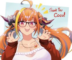 Rule 34 | 1girl, ahoge, bare shoulders, black-framed eyewear, black ribbon, blonde hair, blue background, blunt bangs, blush, bow, breasts, bright pupils, burnt green tea, camisole, character name, claw pose, cleavage, collarbone, commentary, diagonal-striped bow, dragon girl, dragon horns, english commentary, english text, fang, frilled camisole, frills, glasses, hair intakes, hair ribbon, hands up, highres, hololive, horn bow, horn ornament, horns, jacket, jewelry, kiryu coco, kiryu coco (loungewear), large breasts, long hair, long sleeves, looking at viewer, multicolored hair, off shoulder, official alternate costume, open clothes, open jacket, open mouth, orange hair, pendant, pointy ears, red eyes, red jacket, ribbon, see-through, sidelocks, simple background, skin fang, slit pupils, smile, solo, spaghetti strap, streaked hair, striped, striped bow, thank you, track jacket, twintails, twitter username, two-tone background, upper body, virtual youtuber, white background, white camisole, white pupils