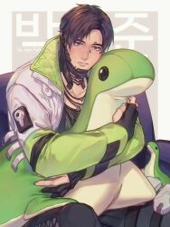Rule 34 | 1boy, absurdres, apex legends, black gloves, black hair, black pants, black shirt, closed mouth, crypto (apex legends), dbox 2525, gloves, green sleeves, highres, holding, holding stuffed toy, jacket, jewelry, male focus, necklace, open clothes, open jacket, pants, partially fingerless gloves, shirt, short hair, solo, stuffed animal, stuffed dinosaur, stuffed toy, white jacket