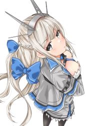 Rule 34 | 1girl, between breasts, black gloves, blonde hair, blue bow, blue capelet, blue eyes, blue necktie, bow, braid, breasts, capelet, dress, french braid, from above, gloves, grey capelet, grey dress, grey eyes, hair bow, headgear, kantai collection, large breasts, long hair, low twintails, makinoki, maryland (kancolle), multicolored capelet, necktie, necktie between breasts, solo, twintails