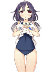 Rule 34 | 10s, 1girl, apron, apron lift, bad id, bad pixiv id, clothes lift, gluteal fold, kankitsunabe (citrus), kantai collection, long hair, low twintails, one-piece swimsuit, purple hair, red eyes, school swimsuit, solo, swimsuit, taigei (kancolle), twintails