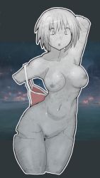 Rule 34 | 1girl, :o, amputee, breasts, candle, female focus, female pubic hair, fog, looking down, marimoko e, medium breasts, navel, nipples, nude, original, outline, petrification, pubic hair, quadruple amputee, solo, white outline