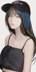Rule 34 | 1girl, absurdres, black camisole, black headwear, camisole, collarbone, frown, grey background, grey eyes, highres, light frown, long hair, looking at viewer, nagamerin, original, parted lips, pink lips, realistic, solo, upper body