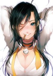 Rule 34 | 1girl, absurdres, ahoge, arms behind head, arms up, black hair, blue eyes, blush, breasts, choker, cleavage, closers, collarbone, collared shirt, dress shirt, grin, hair between eyes, highres, large breasts, long hair, looking at viewer, mouth hold, nose blush, one eye closed, peanutc, shirt, sketch, smile, solo, upper body, white background, wing collar, yuri seo